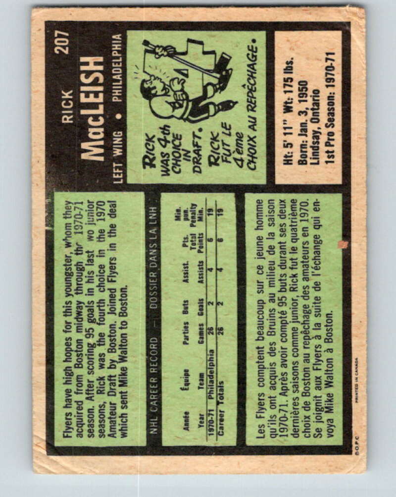 1971-72 O-Pee-Chee #207 Rick MacLeish RC Rookie Philadelphia Flyers V9639