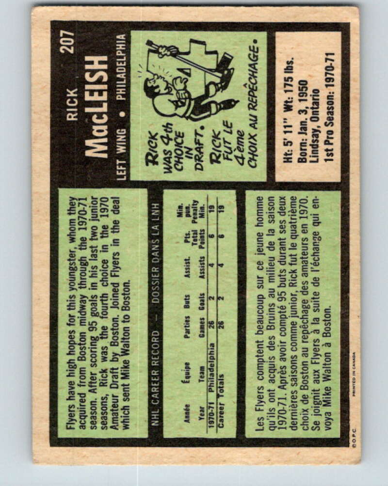 1971-72 O-Pee-Chee #207 Rick MacLeish RC Rookie Philadelphia Flyers V9640