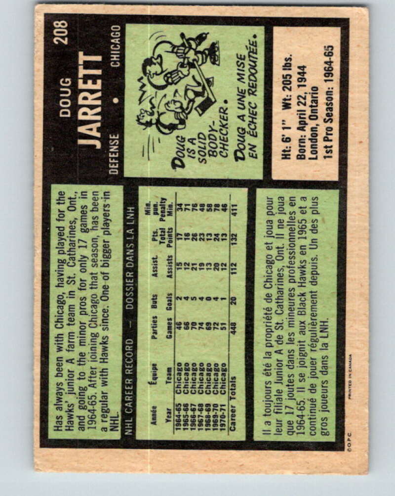 1971-72 O-Pee-Chee #208 Doug Jarrett Chicago Blackhawks V9641