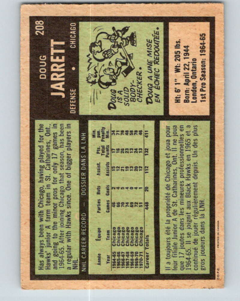 1971-72 O-Pee-Chee #208 Doug Jarrett Chicago Blackhawks V9642