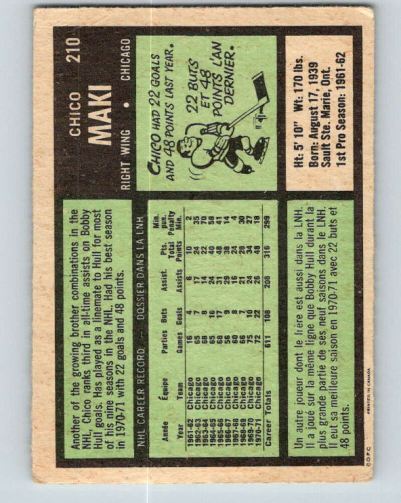 1971-72 O-Pee-Chee #210 Chico Maki Chicago Blackhawks V9648