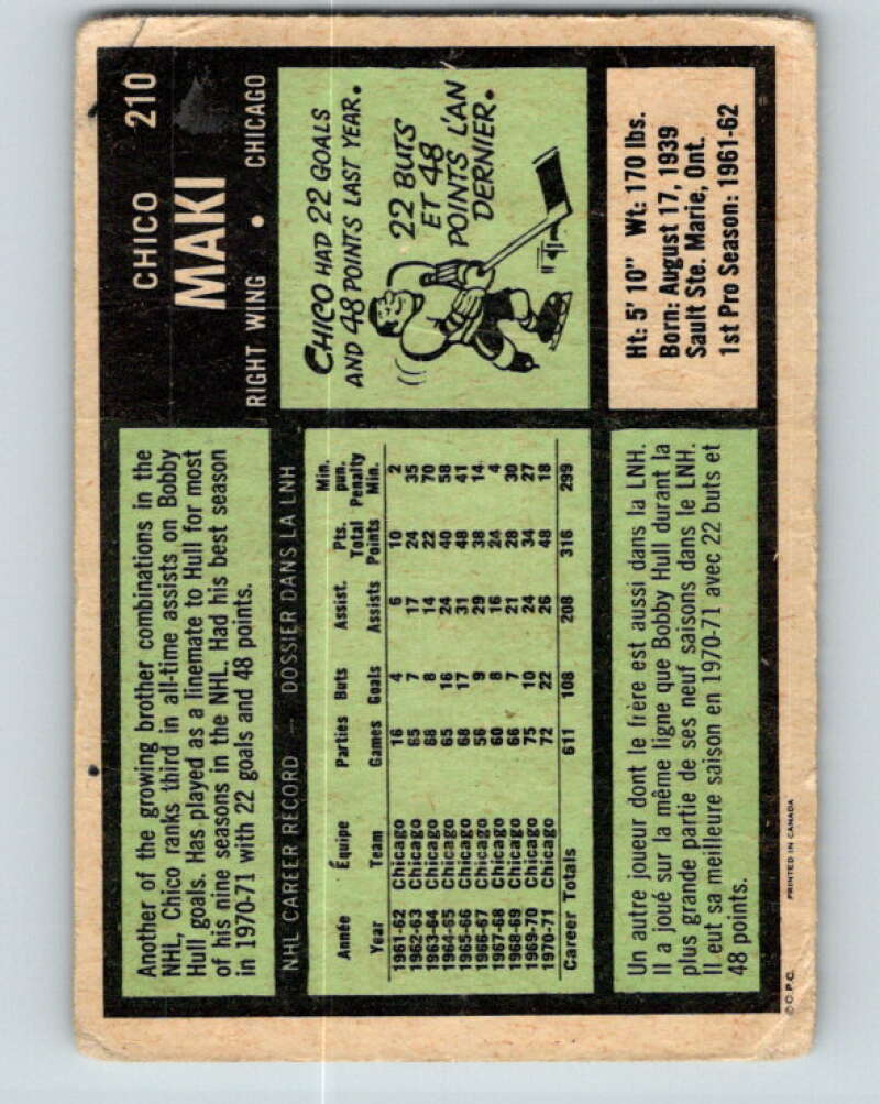 1971-72 O-Pee-Chee #210 Chico Maki Chicago Blackhawks V9649