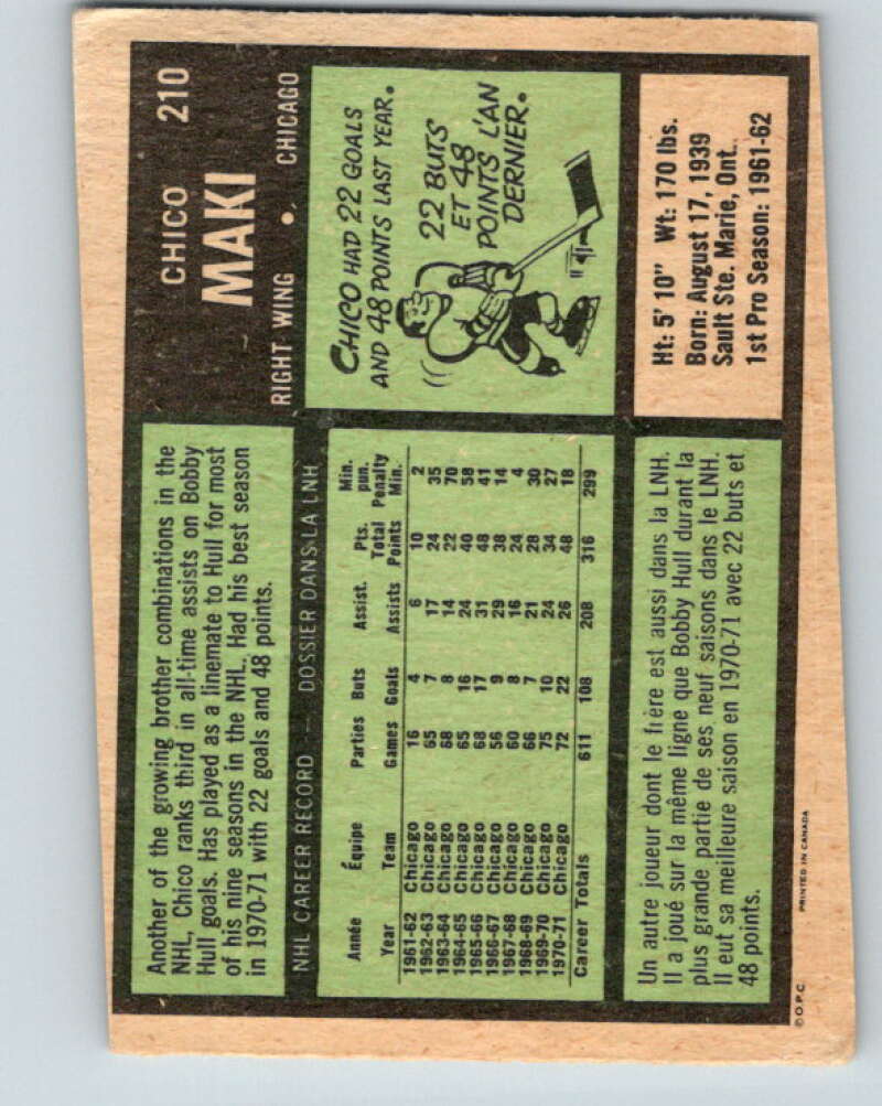 1971-72 O-Pee-Chee #210 Chico Maki Chicago Blackhawks V9650