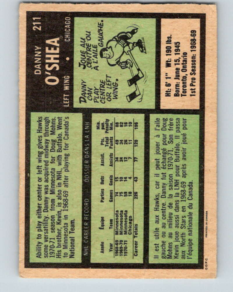1971-72 O-Pee-Chee #211 Danny O'Shea Chicago Blackhawks V9651