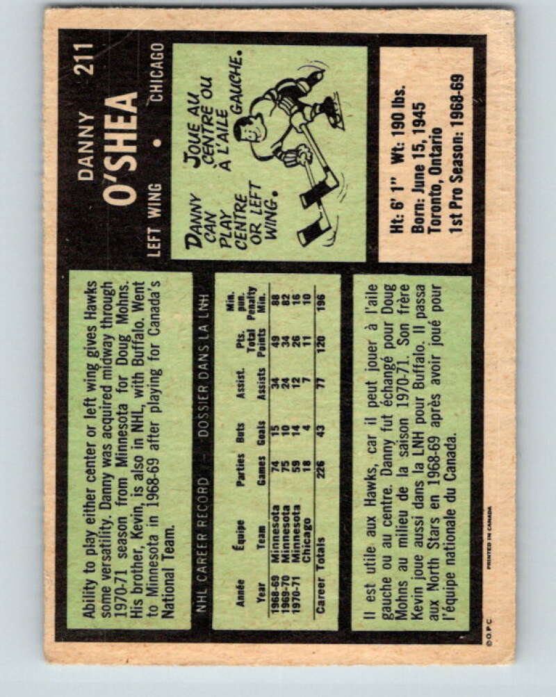 1971-72 O-Pee-Chee #211 Danny O'Shea Chicago Blackhawks V9653