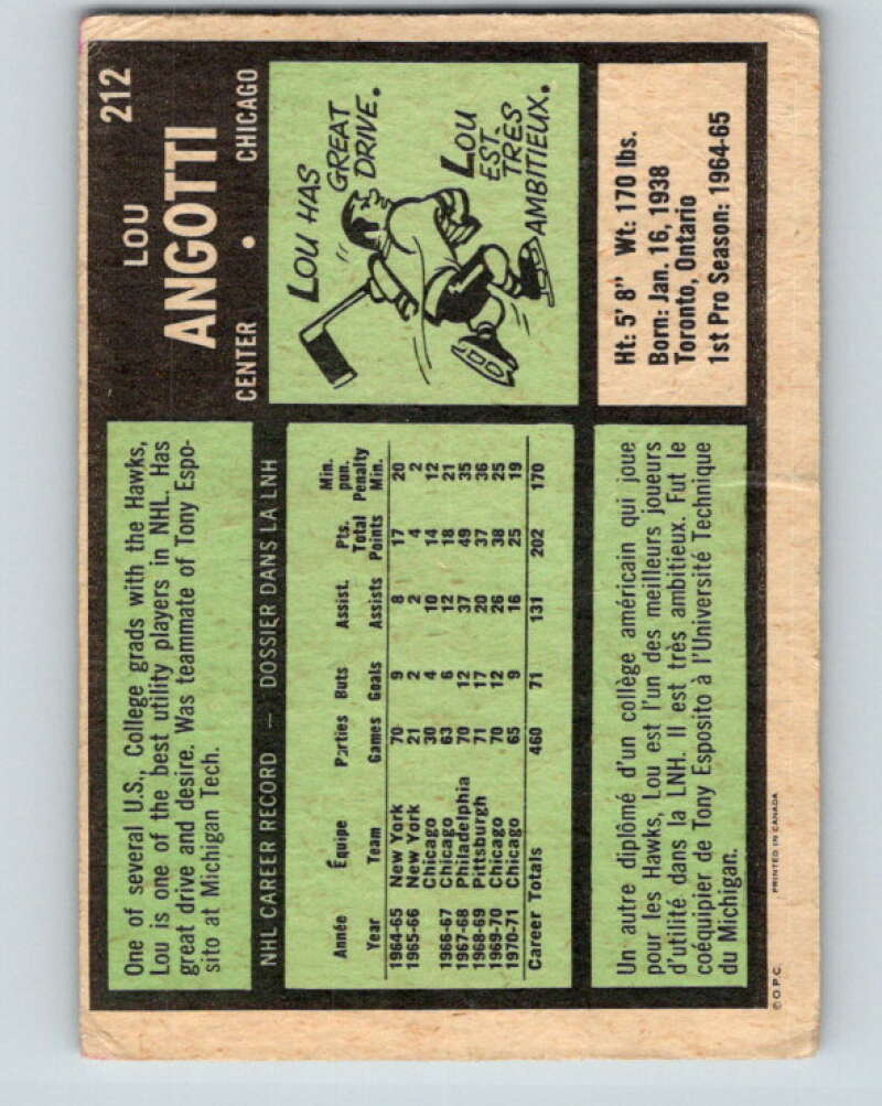 1971-72 O-Pee-Chee #212 Lou Angotti Chicago Blackhawks V9654