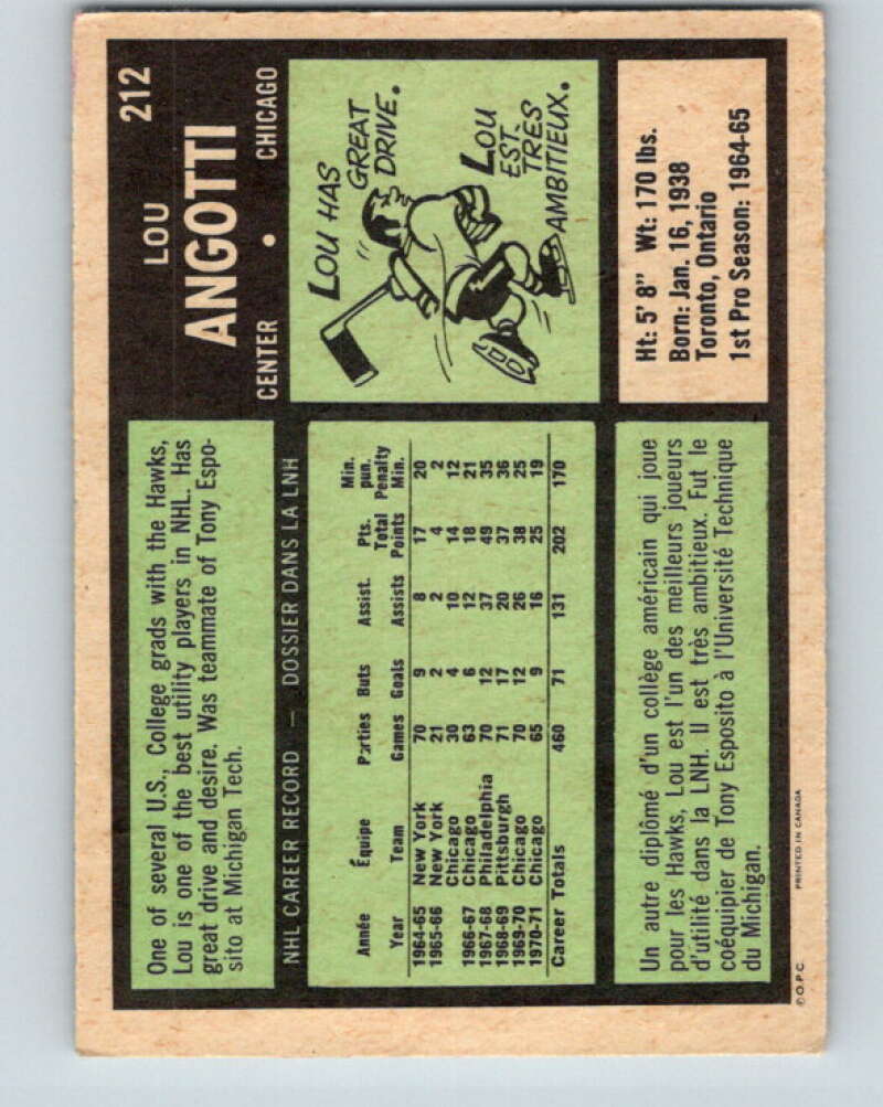 1971-72 O-Pee-Chee #212 Lou Angotti Chicago Blackhawks V9655