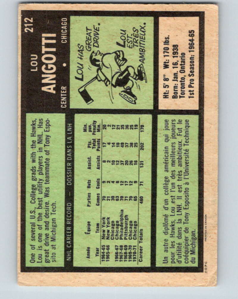1971-72 O-Pee-Chee #212 Lou Angotti Chicago Blackhawks V9657