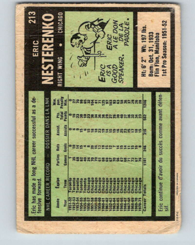 1971-72 O-Pee-Chee #213 Eric Nesterenko Chicago Blackhawks V9664