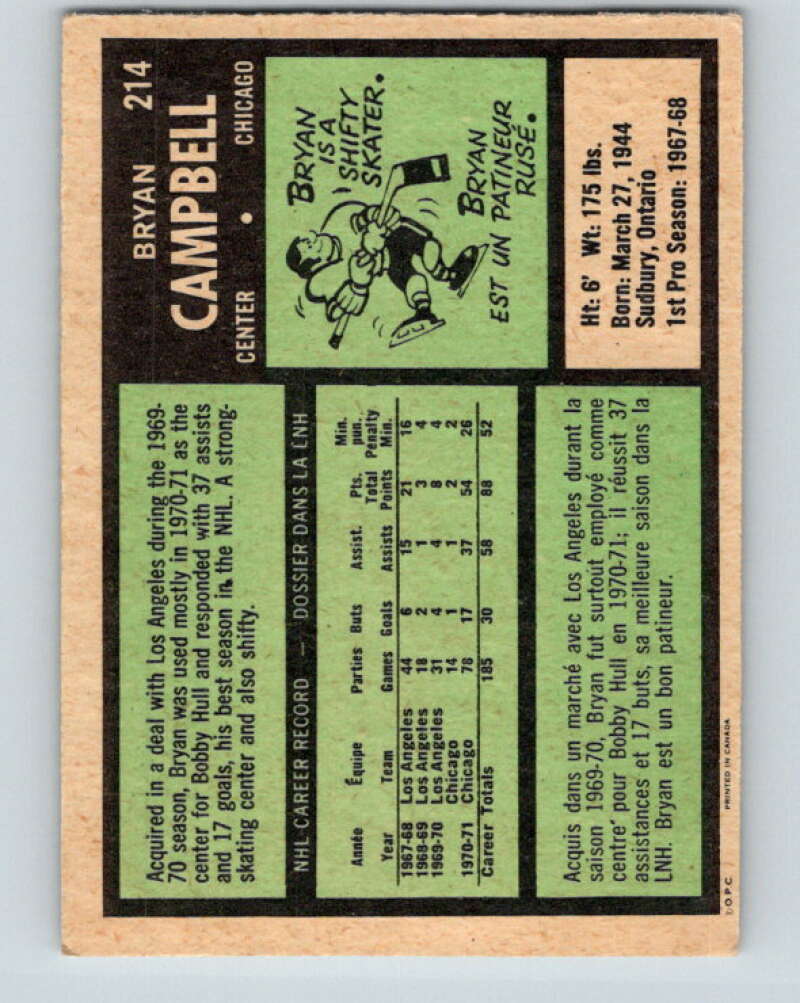 1971-72 O-Pee-Chee #214 Bryan Campbell Chicago Blackhawks V9665