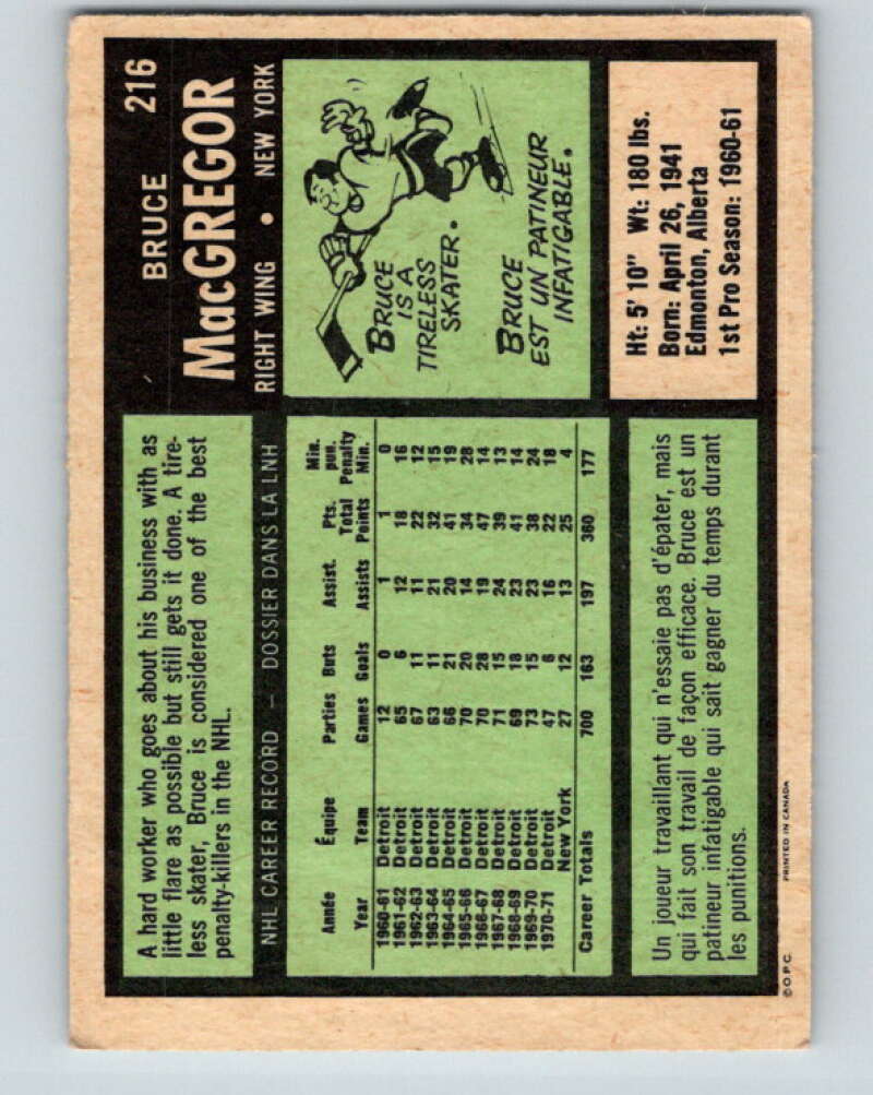 1971-72 O-Pee-Chee #216 Bruce MacGregor New York Rangers V9668
