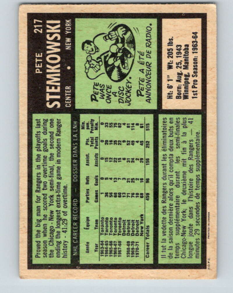 1971-72 O-Pee-Chee #217 Pete Stemkowski New York Rangers V9669
