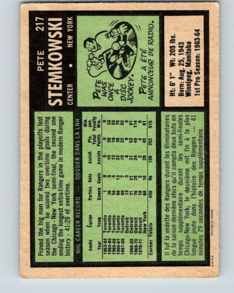 1971-72 O-Pee-Chee #217 Pete Stemkowski New York Rangers V9671
