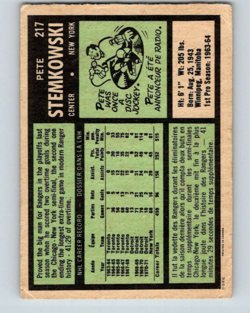 1971-72 O-Pee-Chee #217 Pete Stemkowski New York Rangers V9672