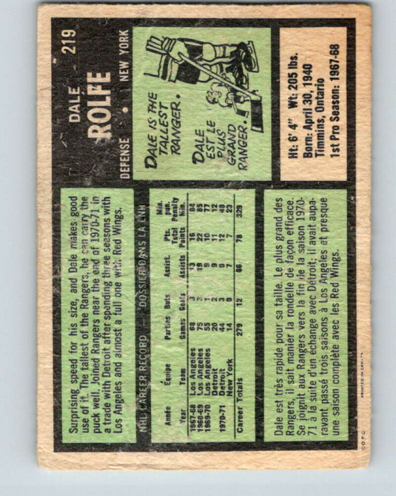 1971-72 O-Pee-Chee #219 Dale Rolfe New York Rangers V9676