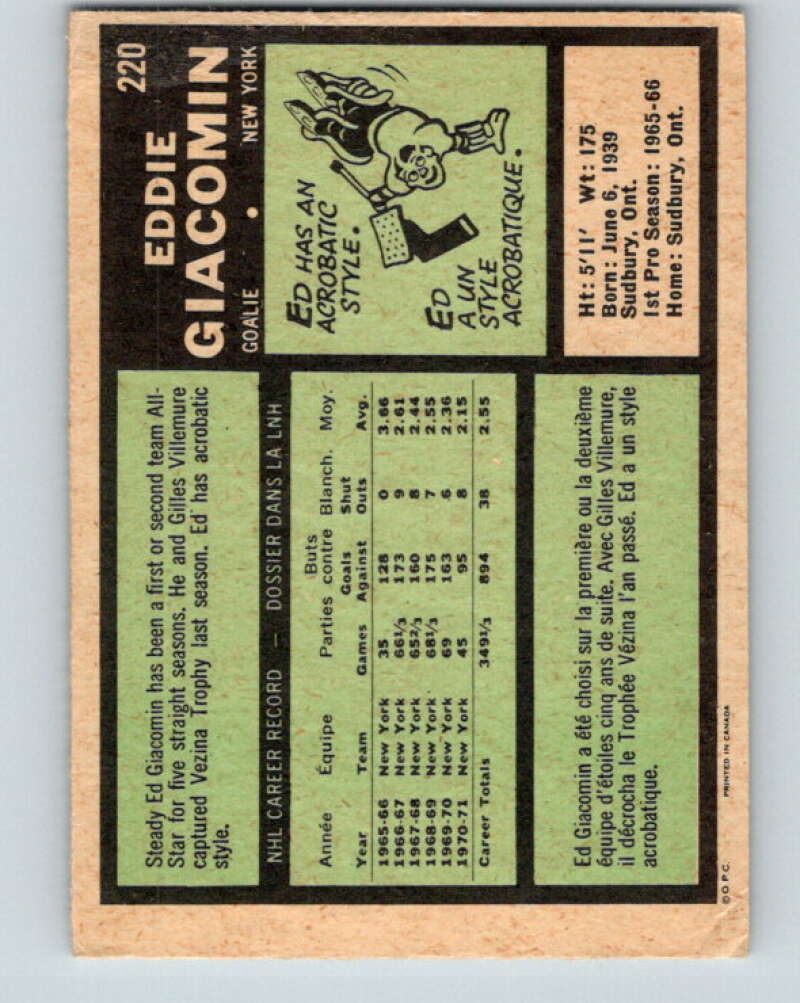 1971-72 O-Pee-Chee #220 Ed Giacomin New York Rangers V9677