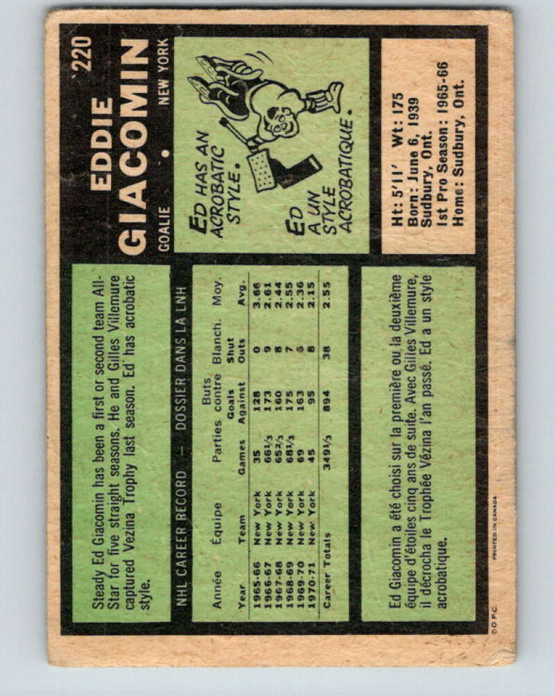 1971-72 O-Pee-Chee #220 Ed Giacomin New York Rangers V9678
