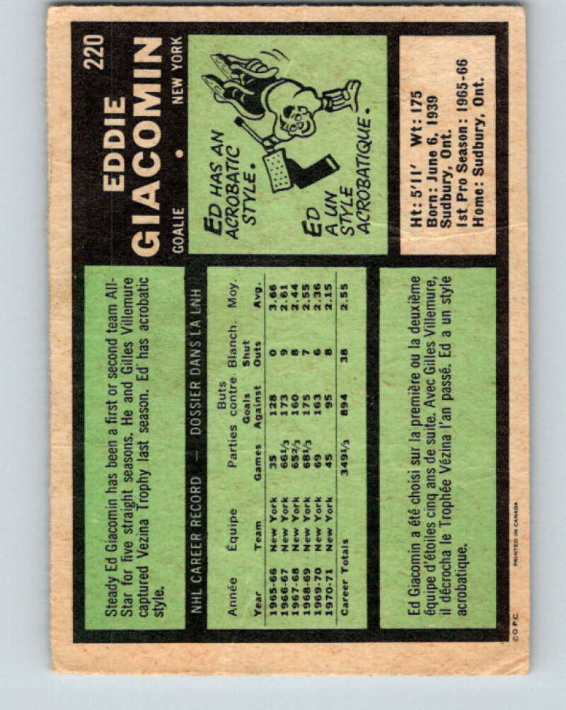 1971-72 O-Pee-Chee #220 Ed Giacomin New York Rangers V9682