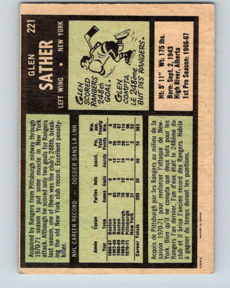 1971-72 O-Pee-Chee #221 Glen Sather New York Rangers V9683