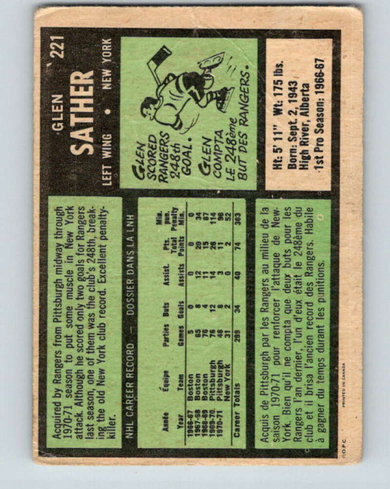 1971-72 O-Pee-Chee #221 Glen Sather New York Rangers V9684