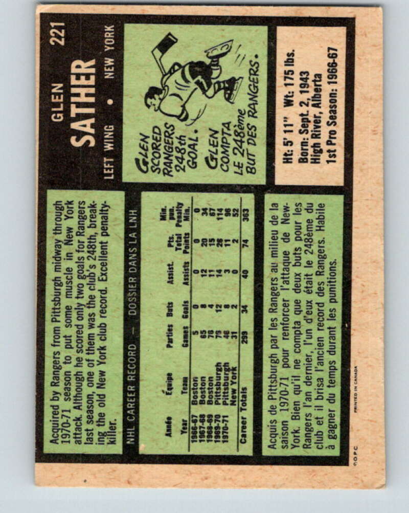 1971-72 O-Pee-Chee #221 Glen Sather New York Rangers V9685
