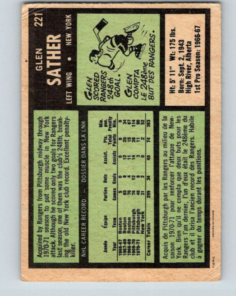 1971-72 O-Pee-Chee #221 Glen Sather New York Rangers V9686