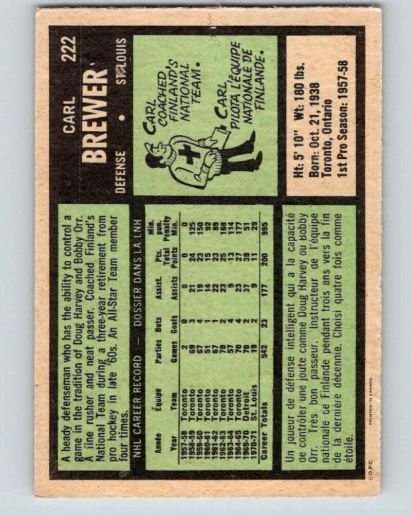 1971-72 O-Pee-Chee #222 Carl Brewer St. Louis Blues V9688