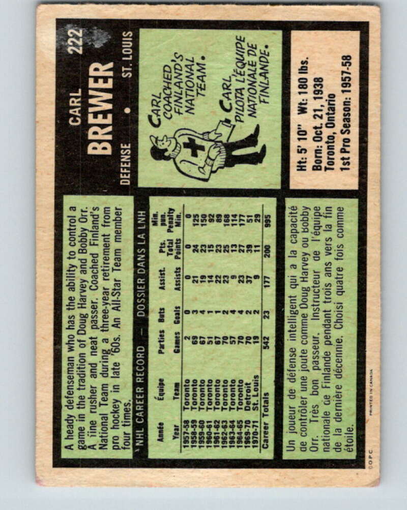 1971-72 O-Pee-Chee #222 Carl Brewer St. Louis Blues V9690