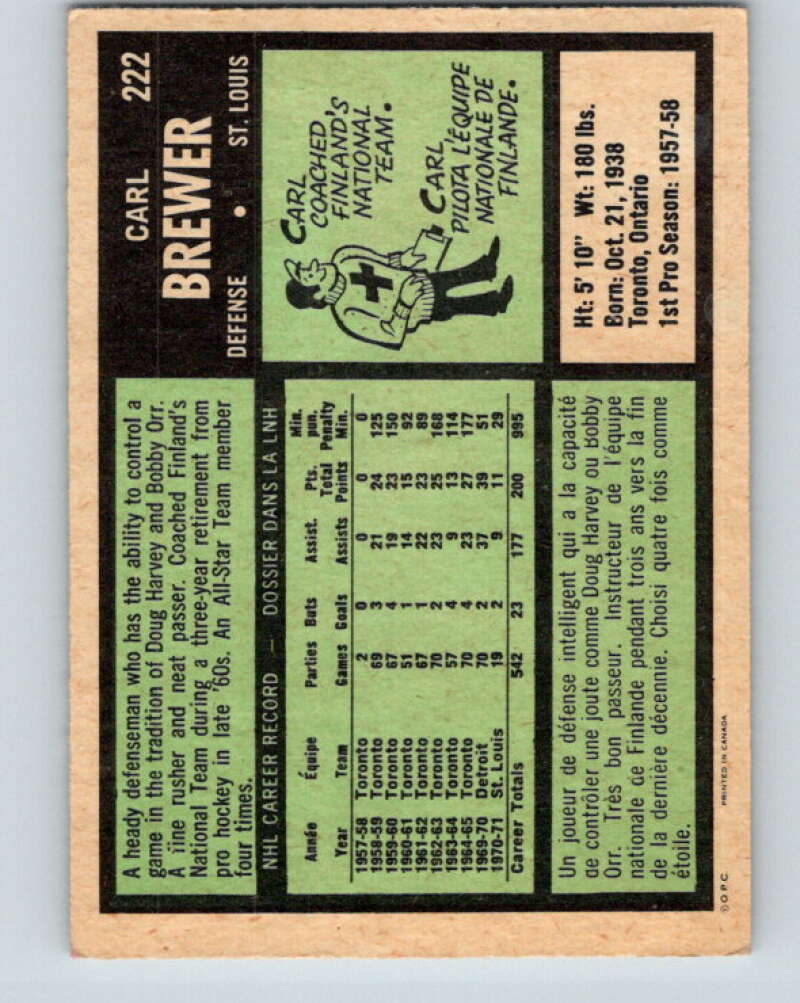 1971-72 O-Pee-Chee #222 Carl Brewer St. Louis Blues V9691