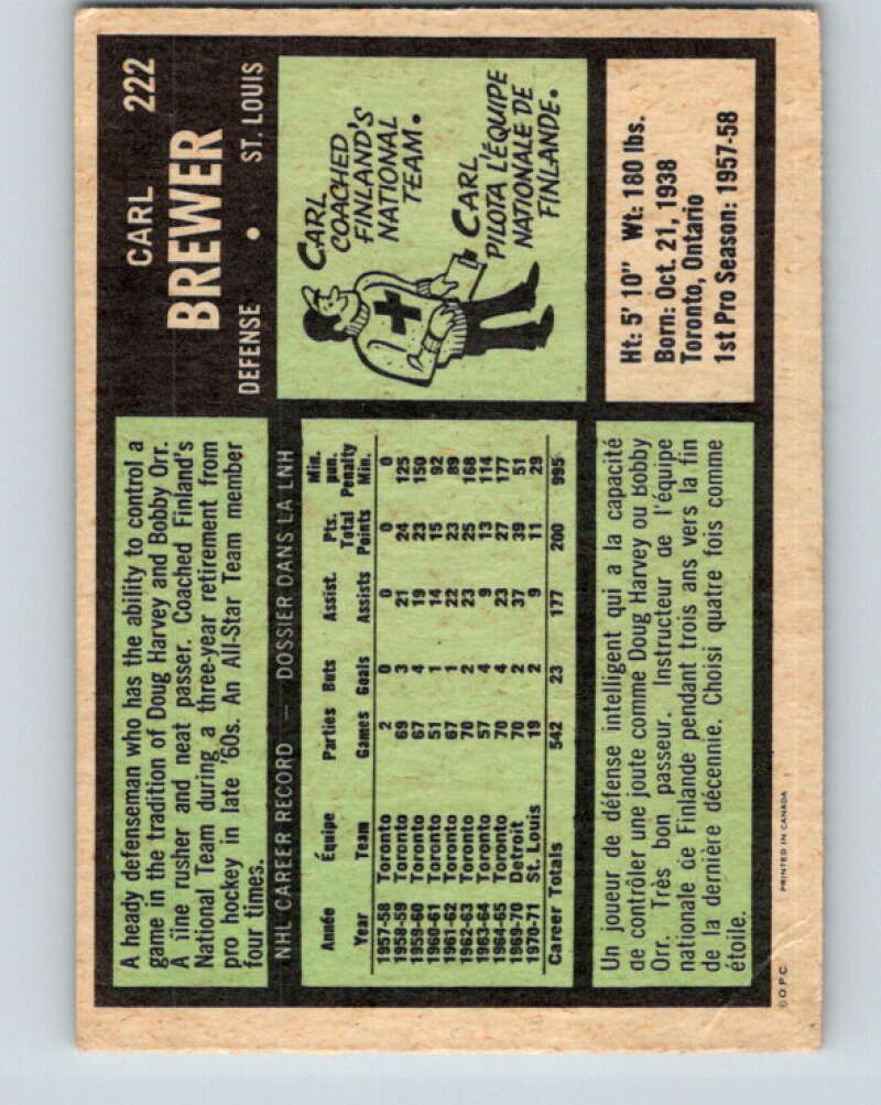 1971-72 O-Pee-Chee #222 Carl Brewer St. Louis Blues V9692