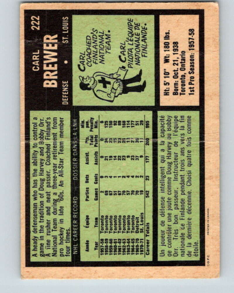 1971-72 O-Pee-Chee #222 Carl Brewer St. Louis Blues V9693
