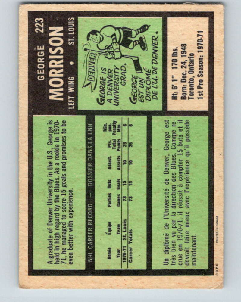 1971-72 O-Pee-Chee #223 George Morrison RC Rookie St. Louis Blues V9696