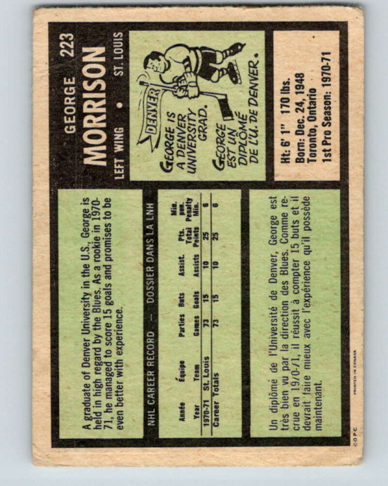 1971-72 O-Pee-Chee #223 George Morrison RC Rookie St. Louis Blues V9697