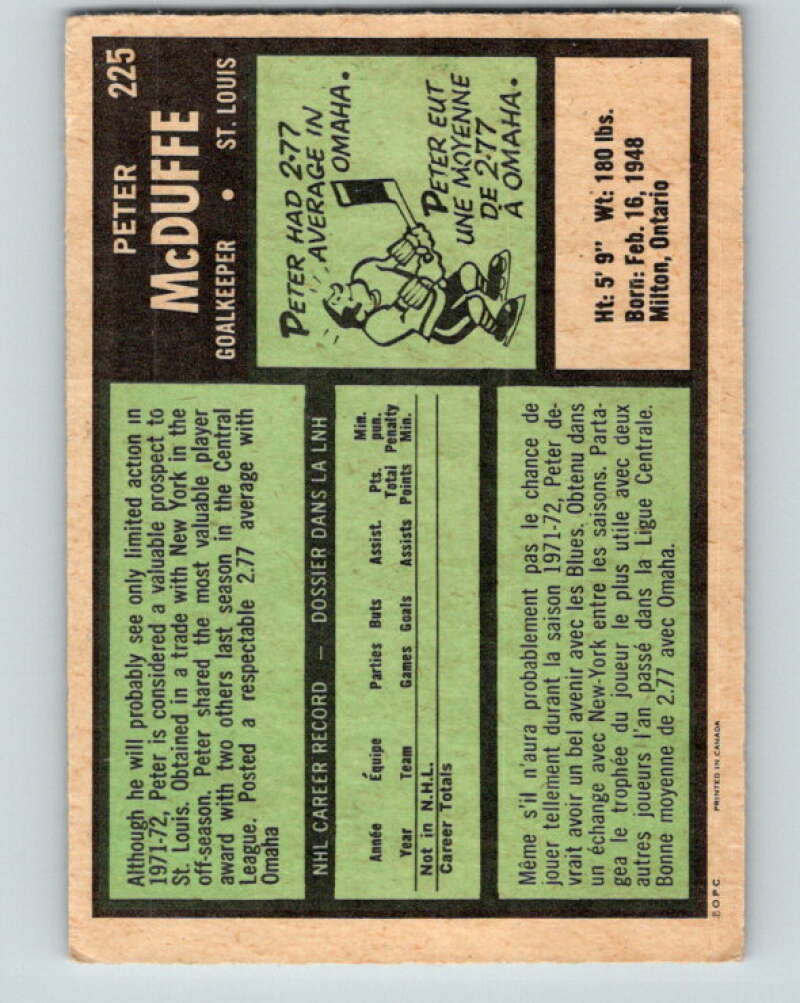 1971-72 O-Pee-Chee #225 Peter McDuffe RC Rookie St. Louis Blues V9700