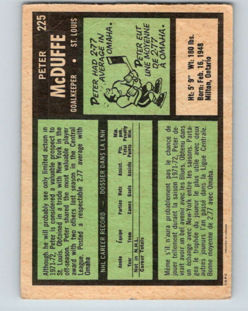 1971-72 O-Pee-Chee #225 Peter McDuffe RC Rookie St. Louis Blues V9701