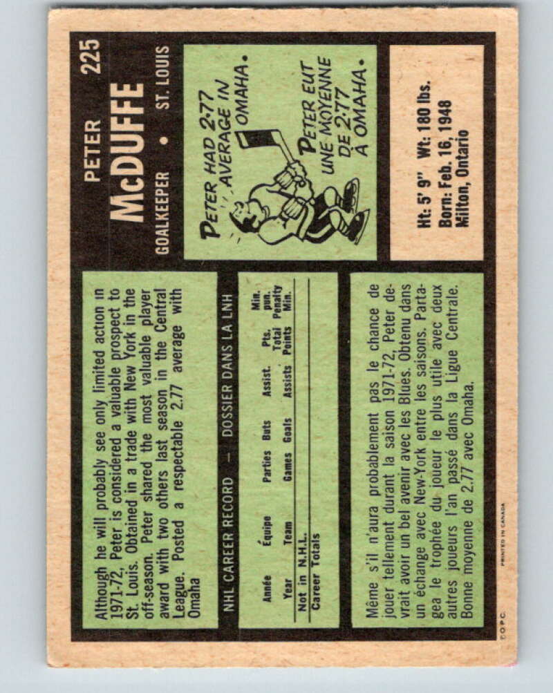 1971-72 O-Pee-Chee #225 Peter McDuffe RC Rookie St. Louis Blues V9702