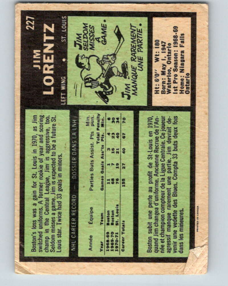 1971-72 O-Pee-Chee #227 Jim Lorentz St. Louis Blues V9705