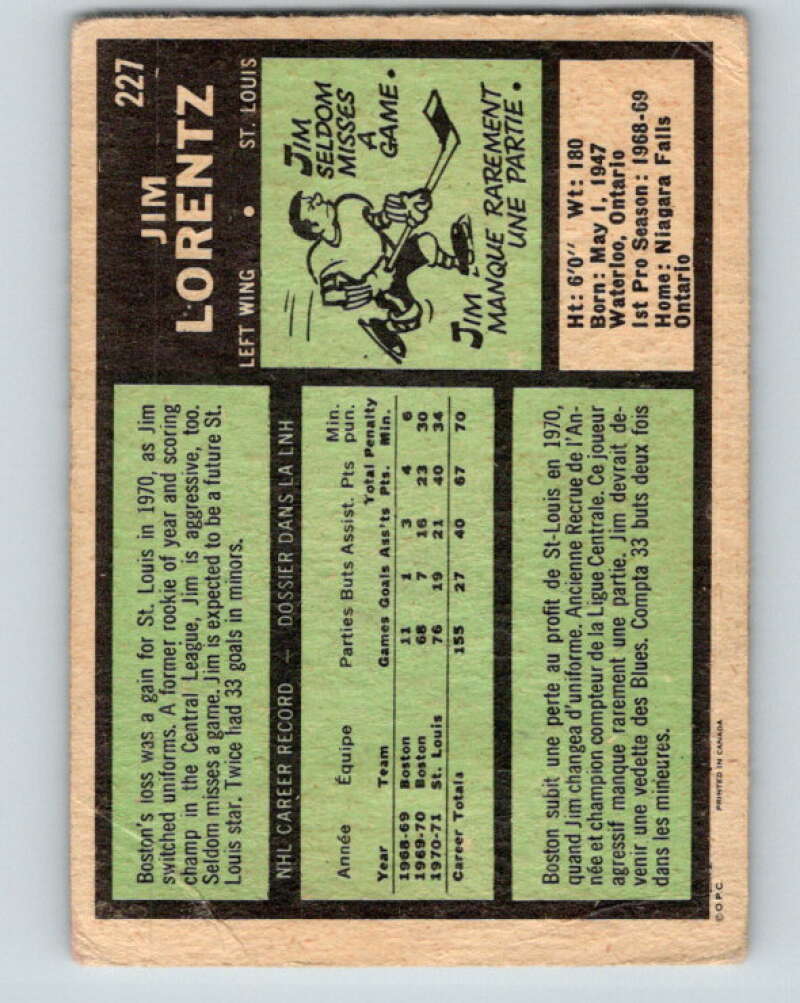1971-72 O-Pee-Chee #227 Jim Lorentz St. Louis Blues V9706