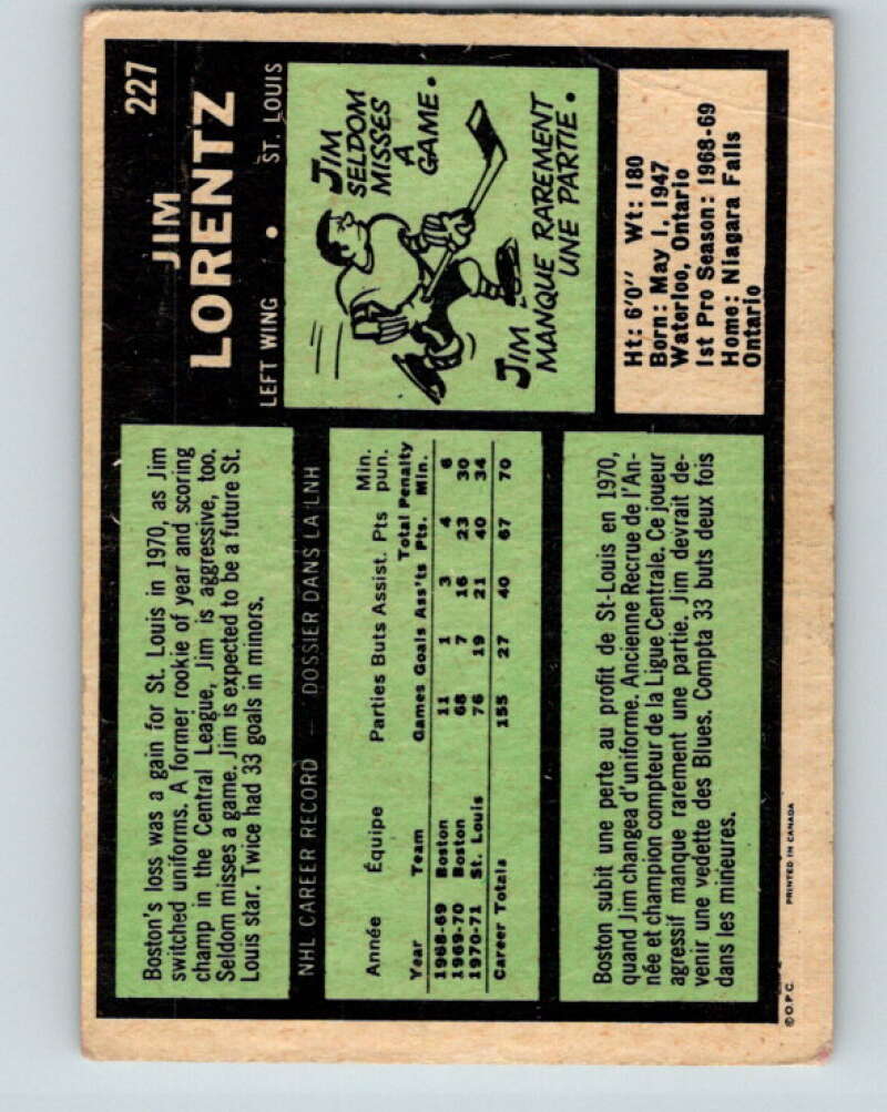 1971-72 O-Pee-Chee #227 Jim Lorentz St. Louis Blues V9707