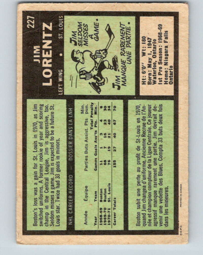 1971-72 O-Pee-Chee #227 Jim Lorentz St. Louis Blues V9708