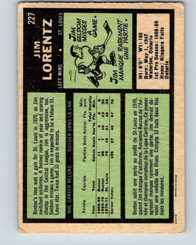 1971-72 O-Pee-Chee #227 Jim Lorentz St. Louis Blues V9709