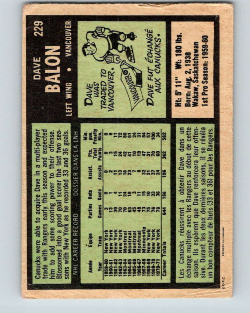 1971-72 O-Pee-Chee #229 Dave Balon Vancouver Canucks V9714