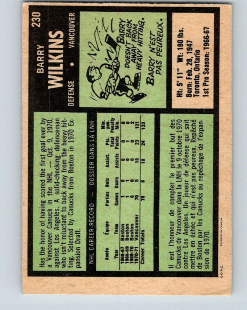 1971-72 O-Pee-Chee #230 Barry Wilkins RC Rookie Vancouver Canucks V9717
