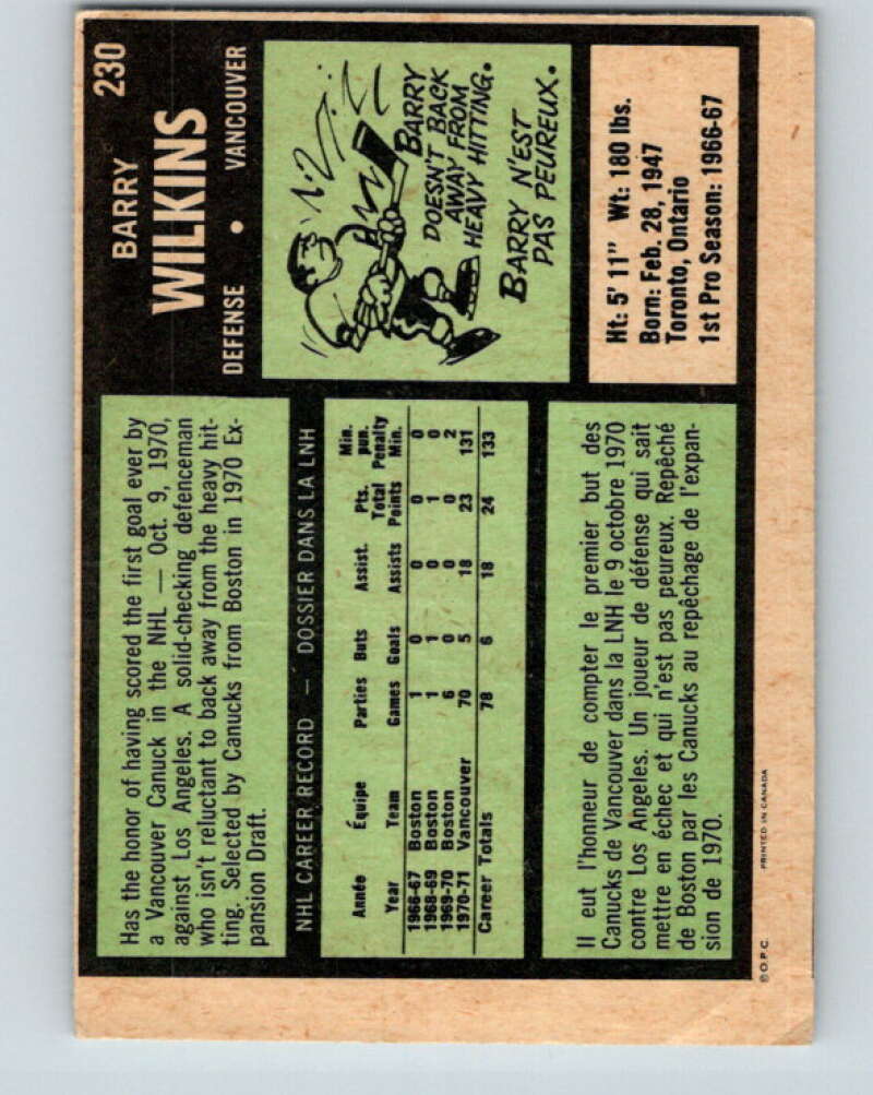 1971-72 O-Pee-Chee #230 Barry Wilkins RC Rookie Vancouver Canucks V9718