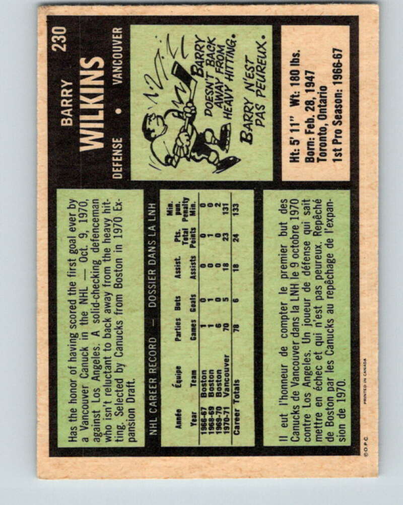 1971-72 O-Pee-Chee #230 Barry Wilkins RC Rookie Vancouver Canucks V9719