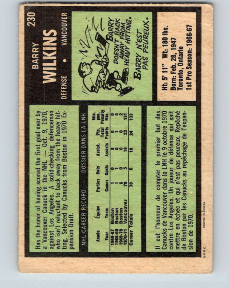 1971-72 O-Pee-Chee #230 Barry Wilkins RC Rookie Vancouver Canucks V9720