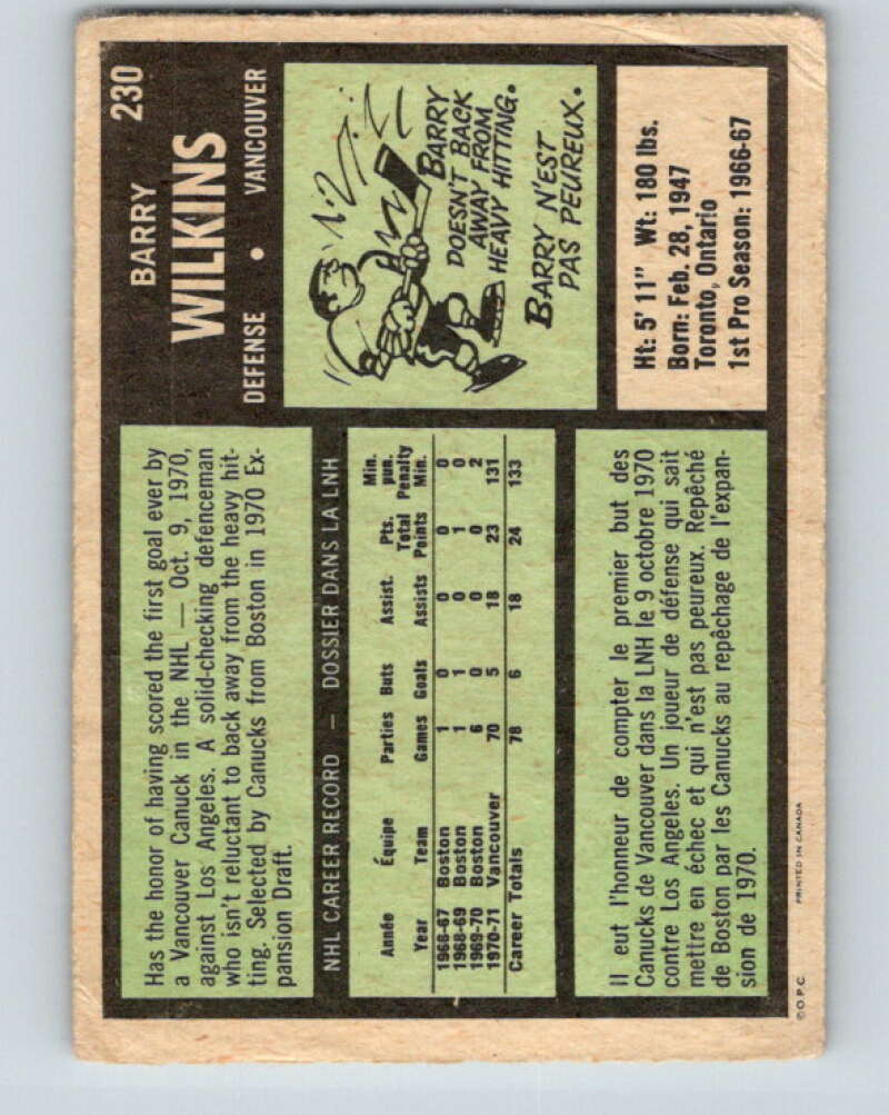 1971-72 O-Pee-Chee #230 Barry Wilkins RC Rookie Vancouver Canucks V9722