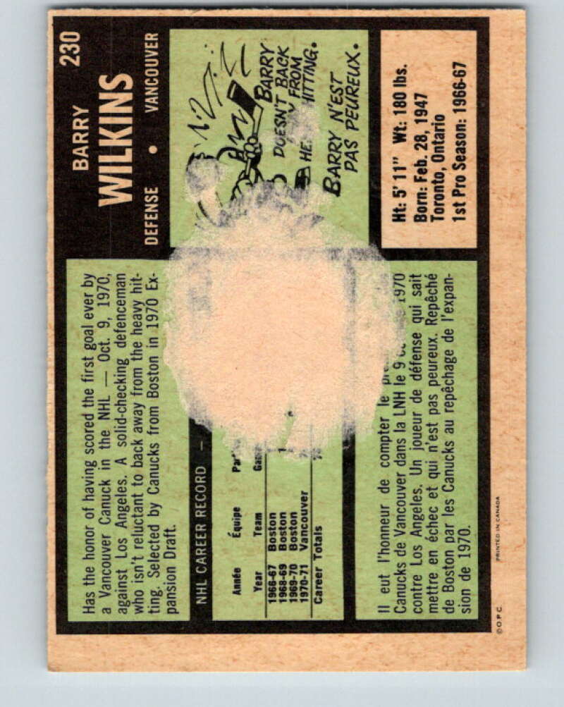1971-72 O-Pee-Chee #230 Barry Wilkins RC Rookie Vancouver Canucks V9723