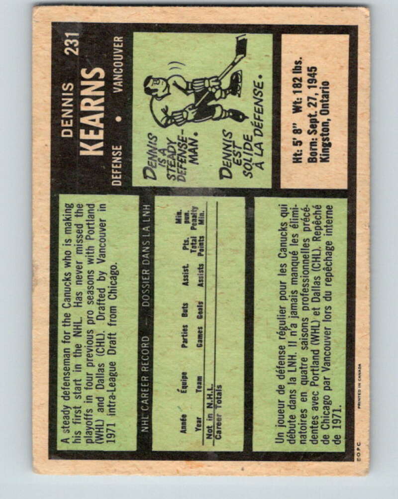 1971-72 O-Pee-Chee #231 Dennis Kearns RC Rookie Vancouver Canucks V9724