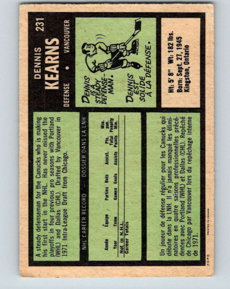 1971-72 O-Pee-Chee #231 Dennis Kearns RC Rookie Vancouver Canucks V9725